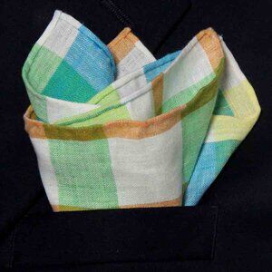 Gascoigne Hand Stitched Linen Pocket Square Multicolor Check Pattern Men's